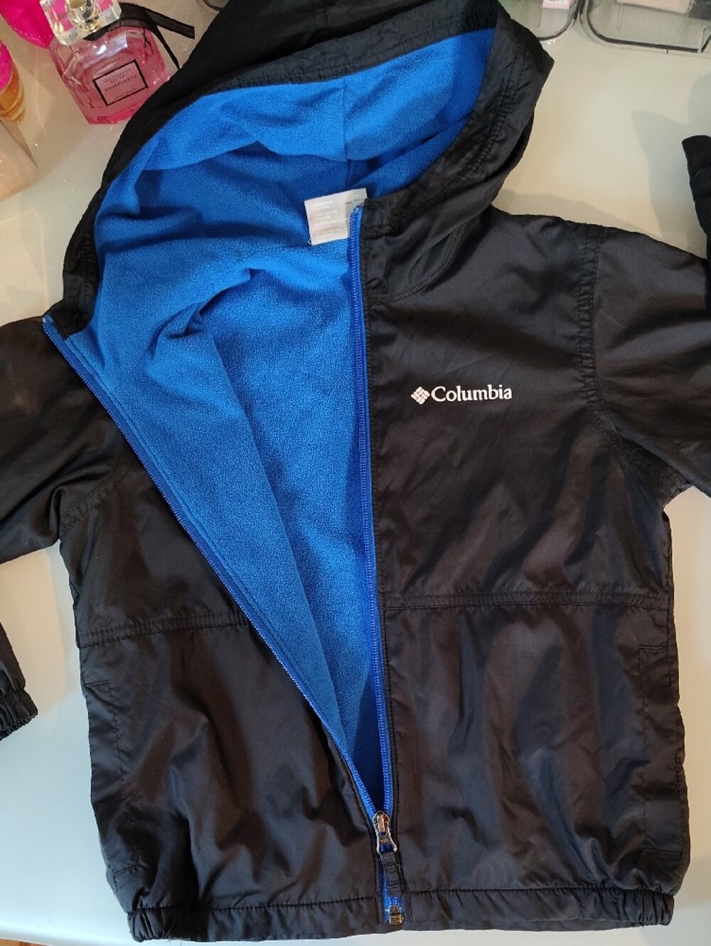 Columbia Kids Black Hooded Jacket with Blue Fleece Lining - Picture 2 of 14
